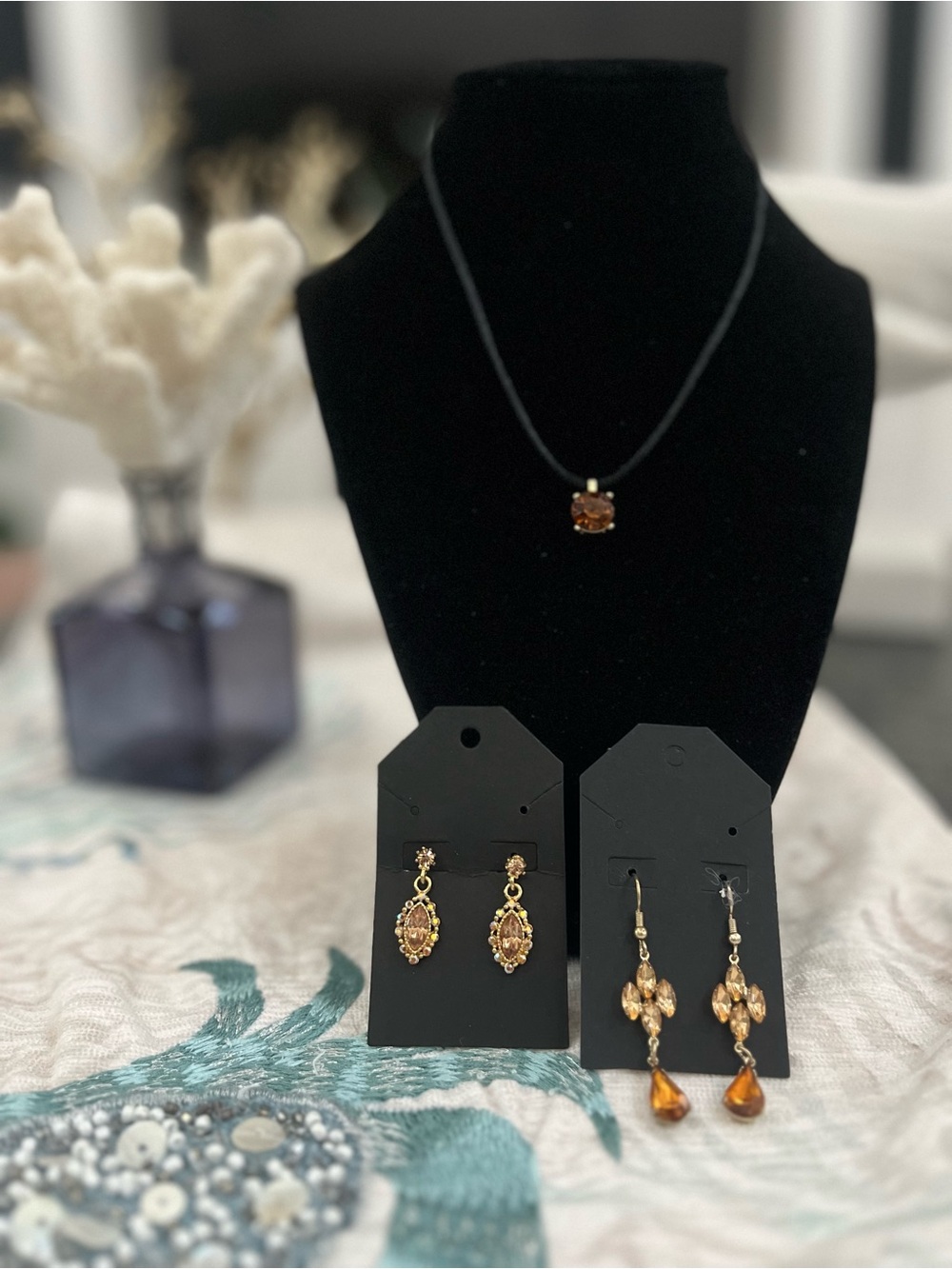 Vintage Amber CZ Pendant and Earrings Set